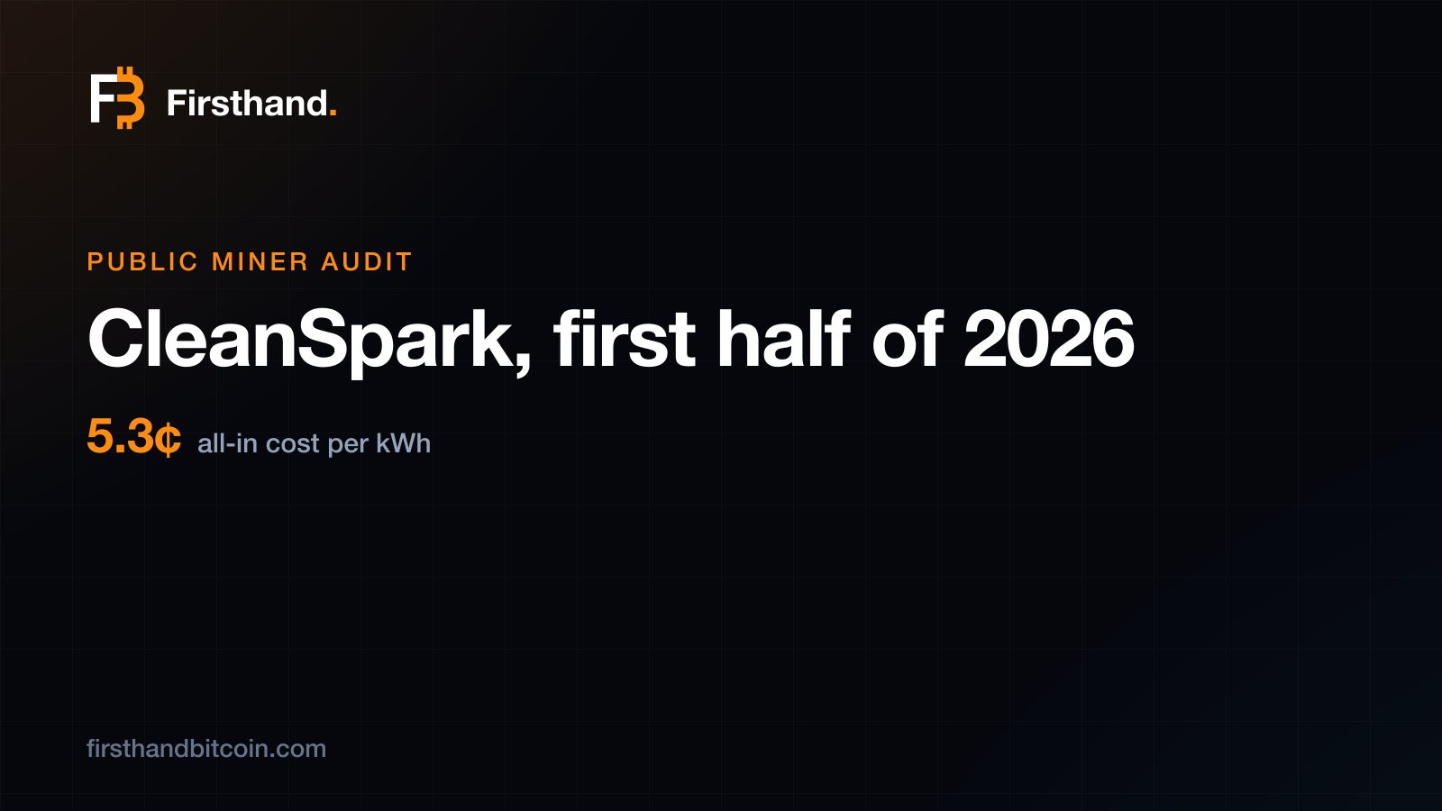 Ficha de auditoría de mineros cotizados de Firsthand: CleanSpark, primer semestre de 2026, 5,3¢ por kWh todo incluido