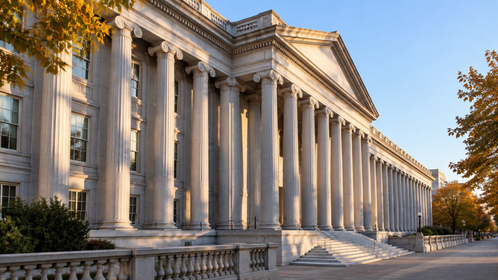 The Ionic colonnade of the US Treasury Building in Washington in late-afternoon autumn light