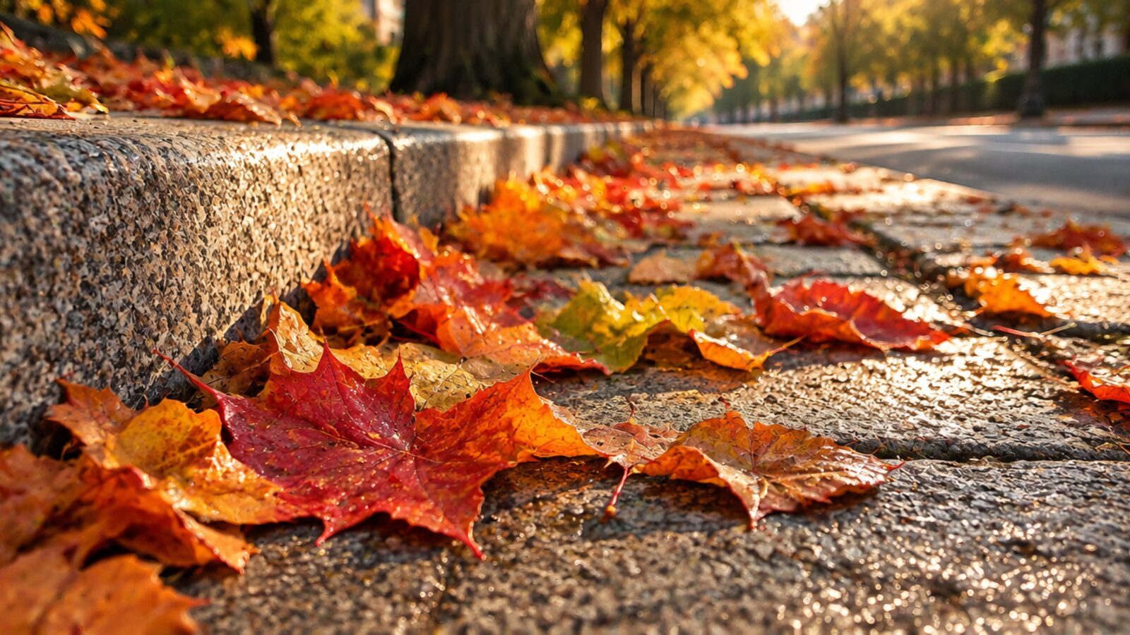 Fallen red and orange maple leaves along a granite curb in low autumn sun