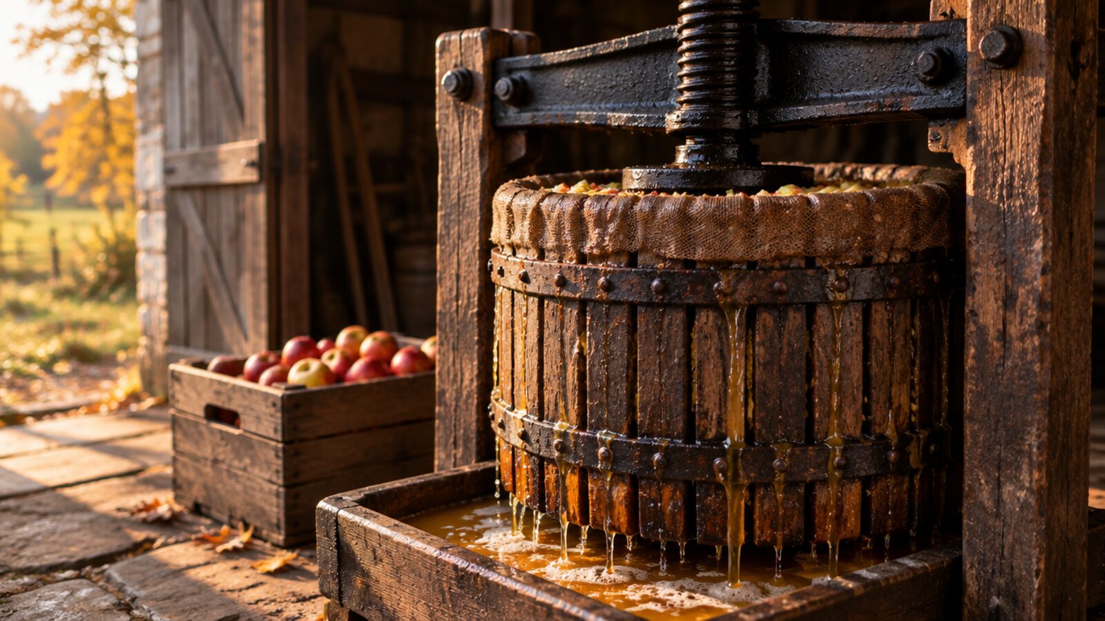 An old oak cider press in a barn doorway, juice running from between the slats