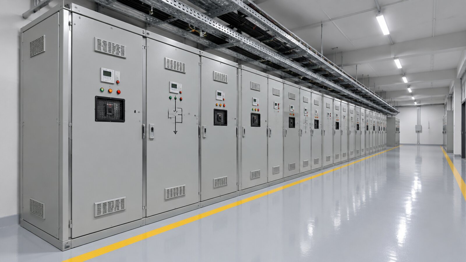A clean electrical switchgear room with a long line of grey cabinets