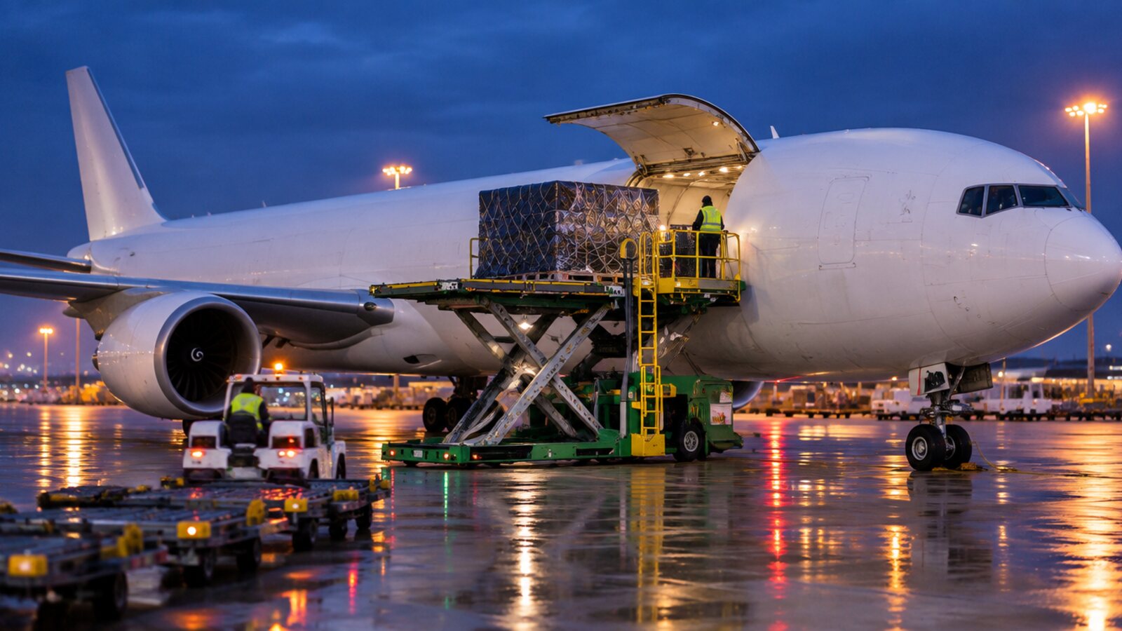Shrink-wrapped cargo pallets being loaded through the side door of a freighter aircraft at dusk