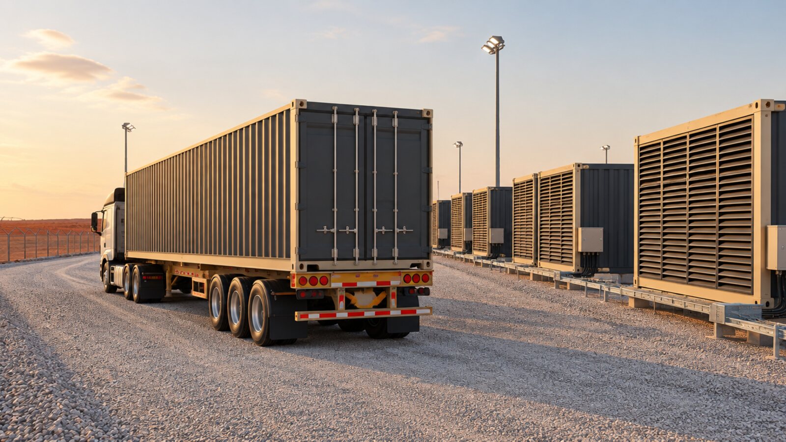 A truck carrying a graphite-grey container parked on the service road of a containerised mining site