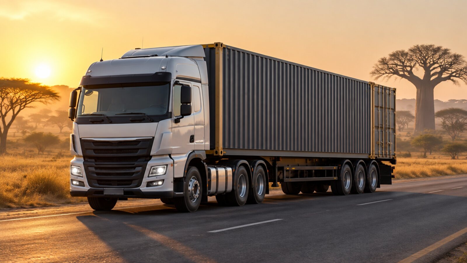 A truck carrying a graphite-grey shipping container along a straight road through dry savannah at dawn