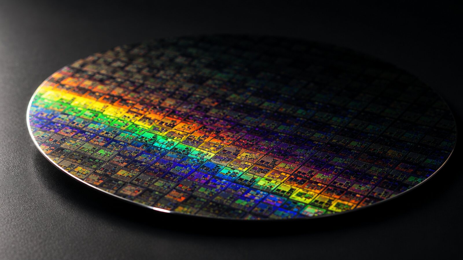 A polished silicon wafer patterned with hundreds of dies, lit at an angle