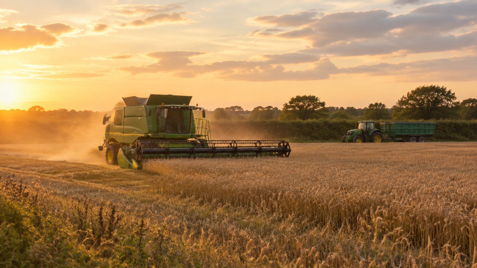 A combine harvester working a wheat field at golden hour