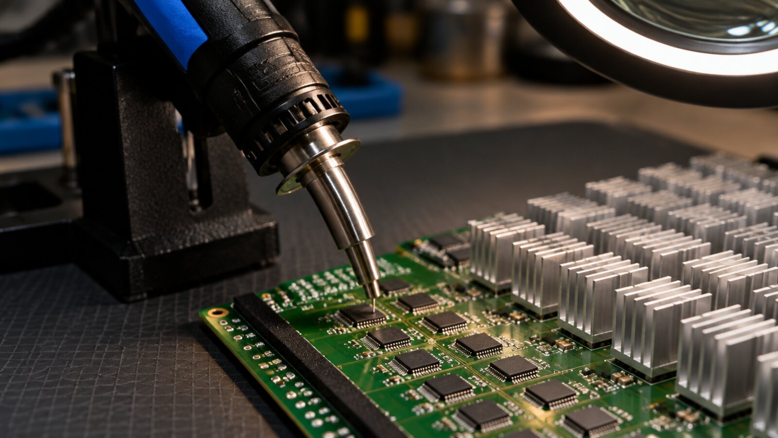 A hot-air rework nozzle over a green circuit board under a bench magnifier