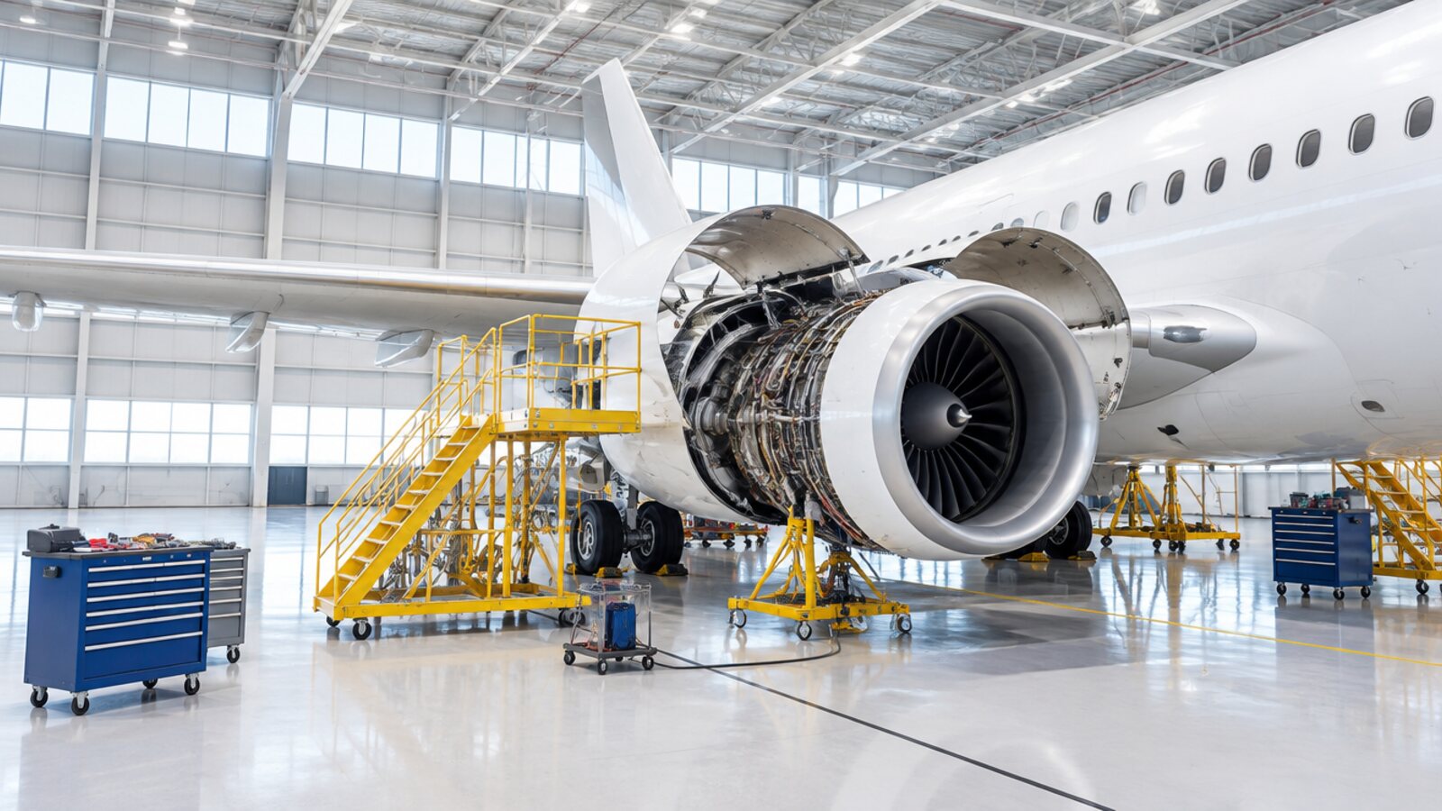 A jet engine with its cowling open inside a bright, spotless aircraft maintenance hangar