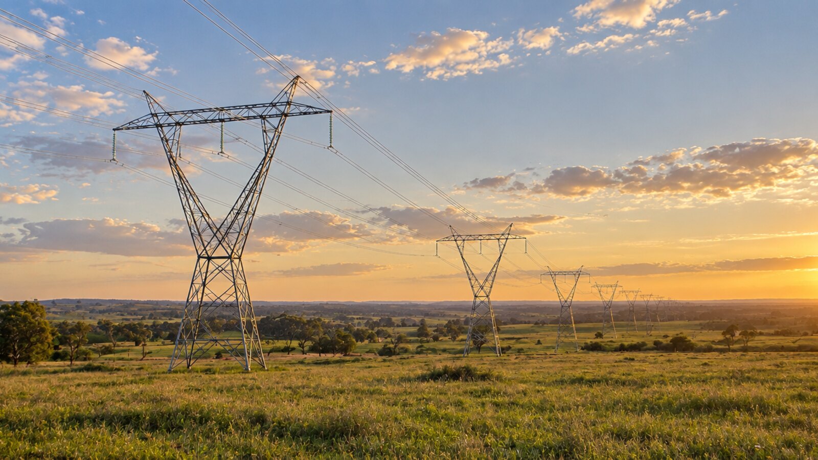 Torres de transmisión de celosía de acero atravesando una pradera abierta