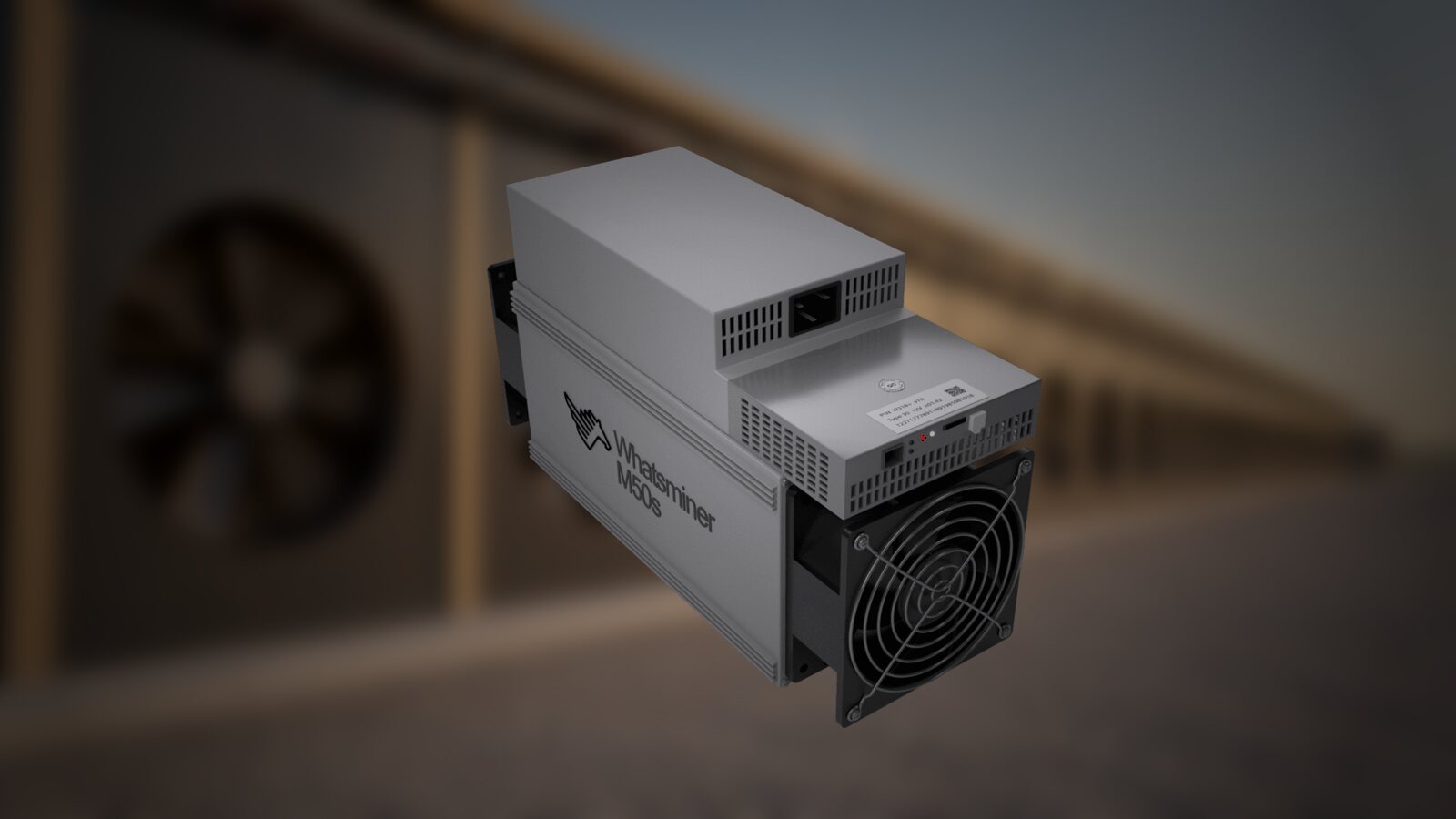 A Whatsminer M50S in front of the exhaust fan wall of an air-cooled mining hall