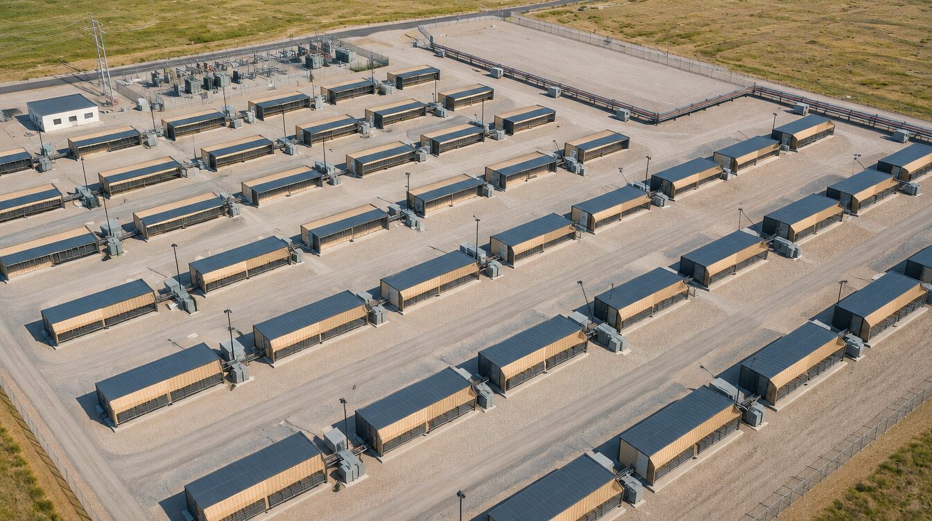 Un sitio de minería visto desde el aire: filas de contenedores, caminos de servicio y una subestación cercada