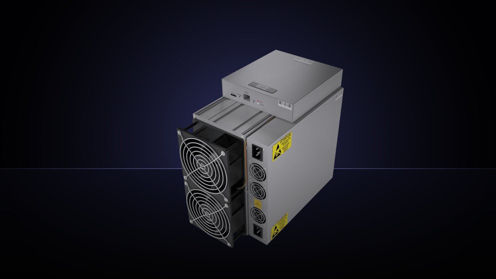 An Antminer S17 against a deep indigo studio backdrop