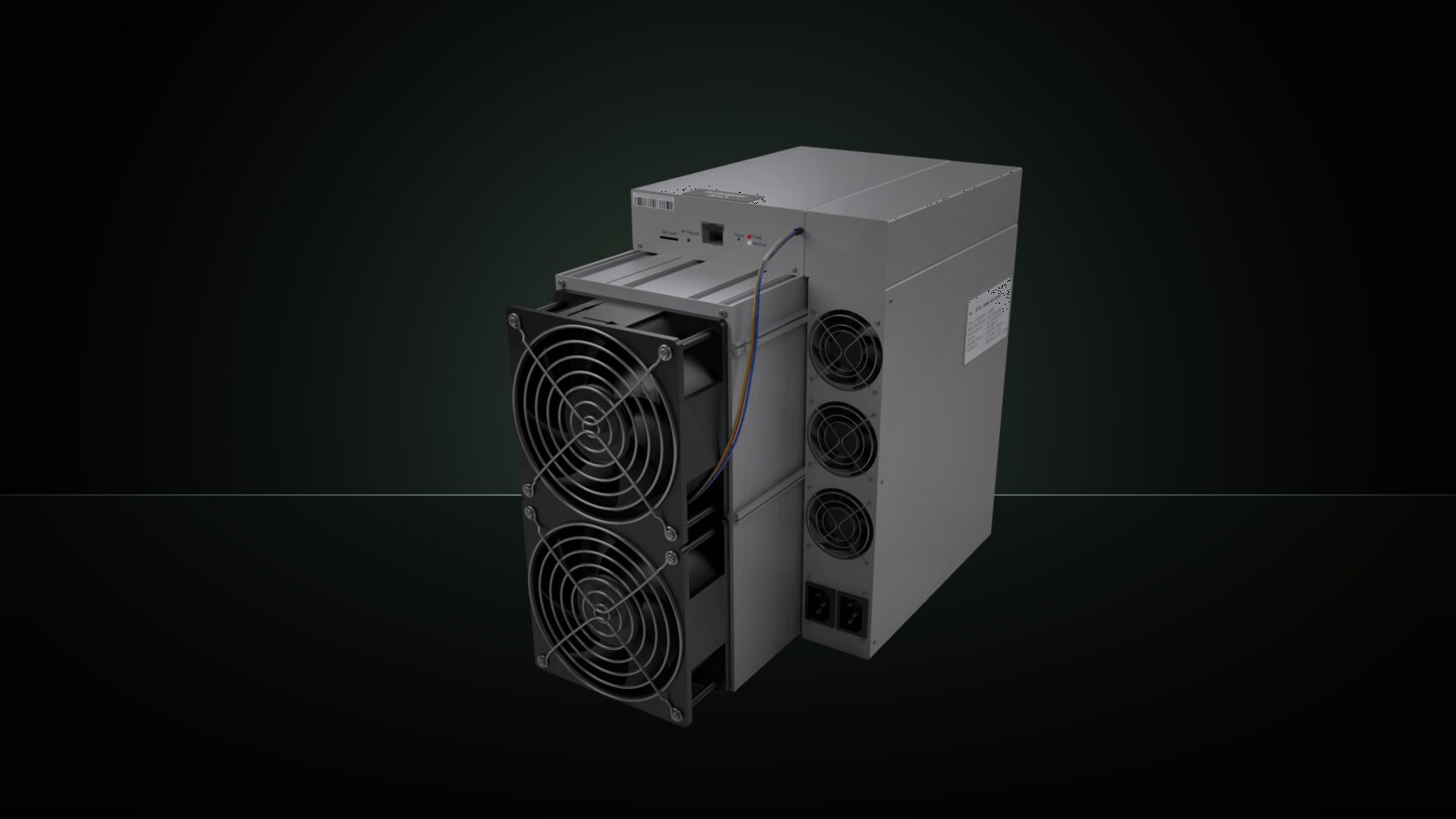 An Antminer S19 against a graphite-green studio backdrop