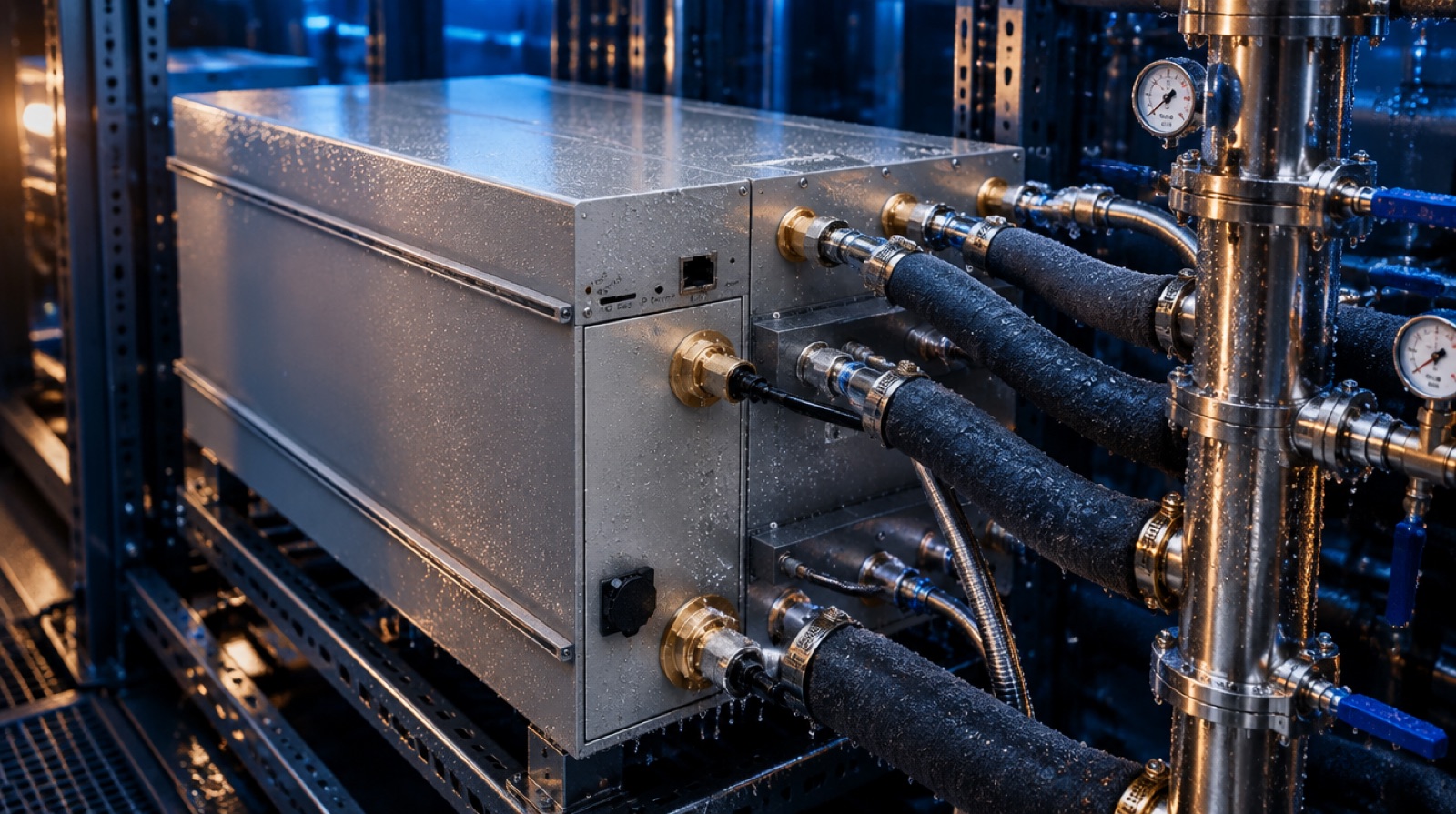 An Antminer S19 XP Hyd connected to a stainless coolant manifold