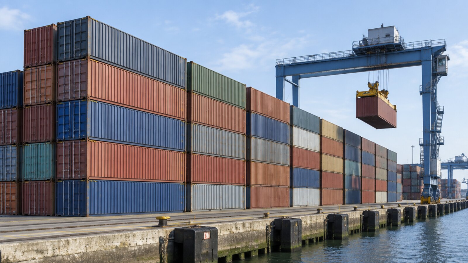 Contenedores apilados y una grúa pórtico en un puerto