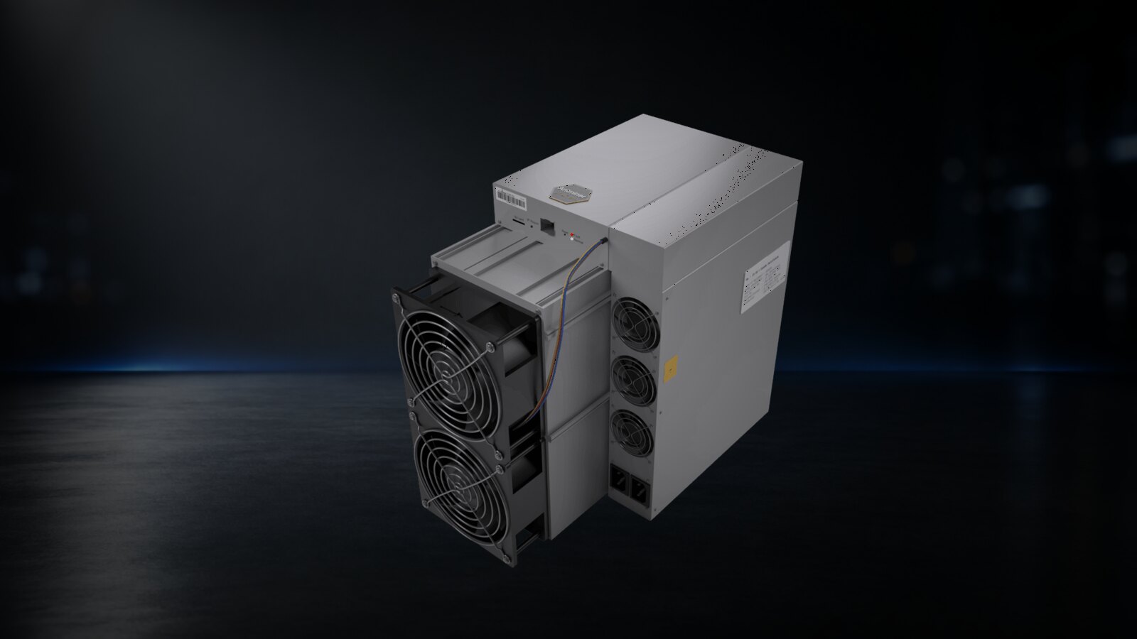 Una Antminer S19K Pro sobre un fondo de estudio oscuro