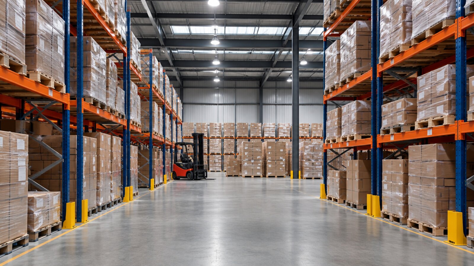 Estanterías de pallets y pallets apilados en un depósito