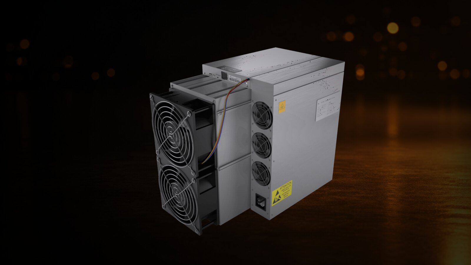 Una Antminer S21 Pro sobre un fondo de estudio oscuro y cálido