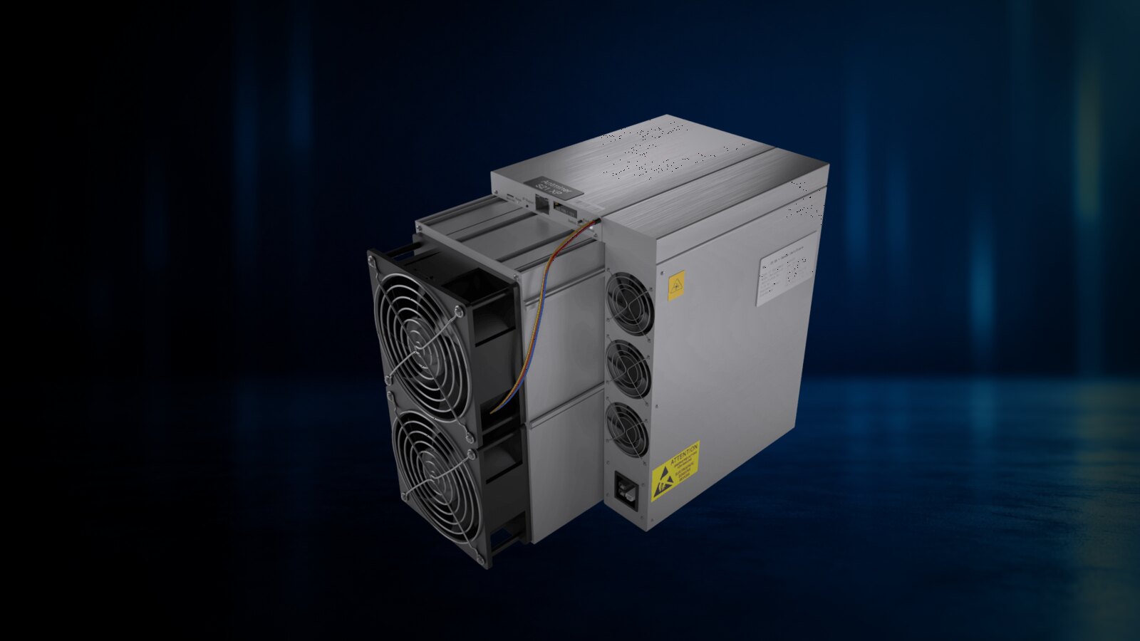 Una Antminer S21 XP sobre un fondo de estudio azul profundo