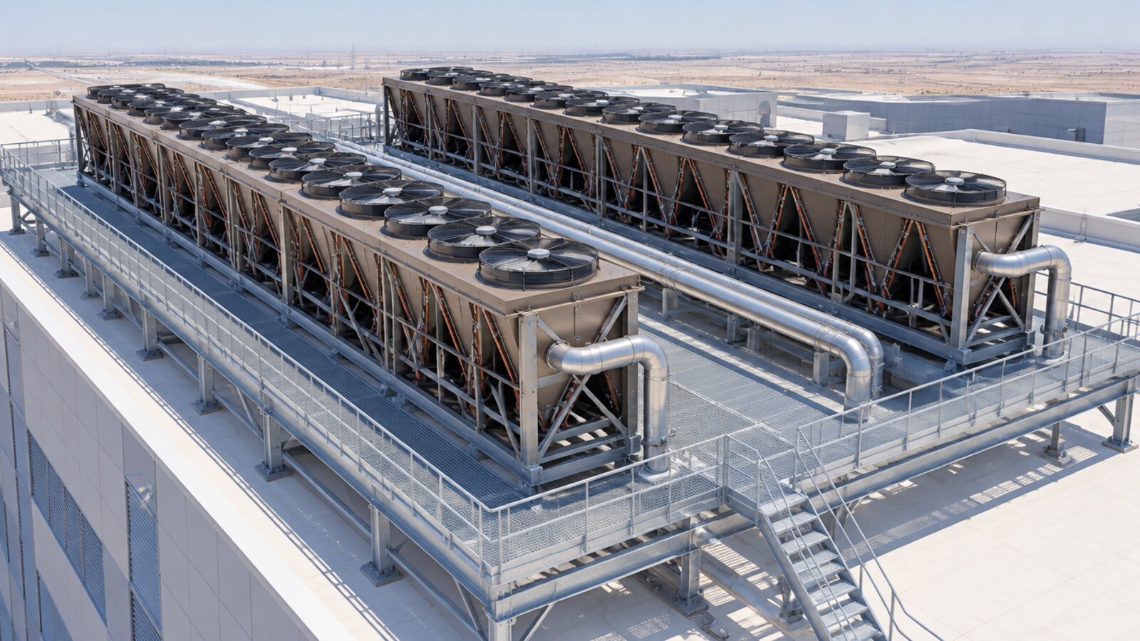 Rows of V-bank dry coolers on the roof of a water-cooled data hall, seen from above