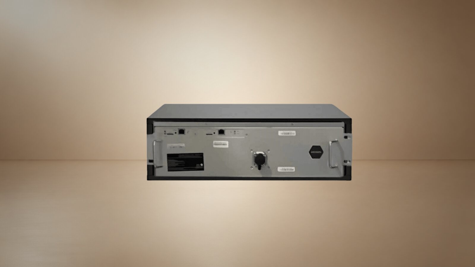 An Antminer S21e XP Hyd 3U rack-mount miner against a warm sand studio backdrop