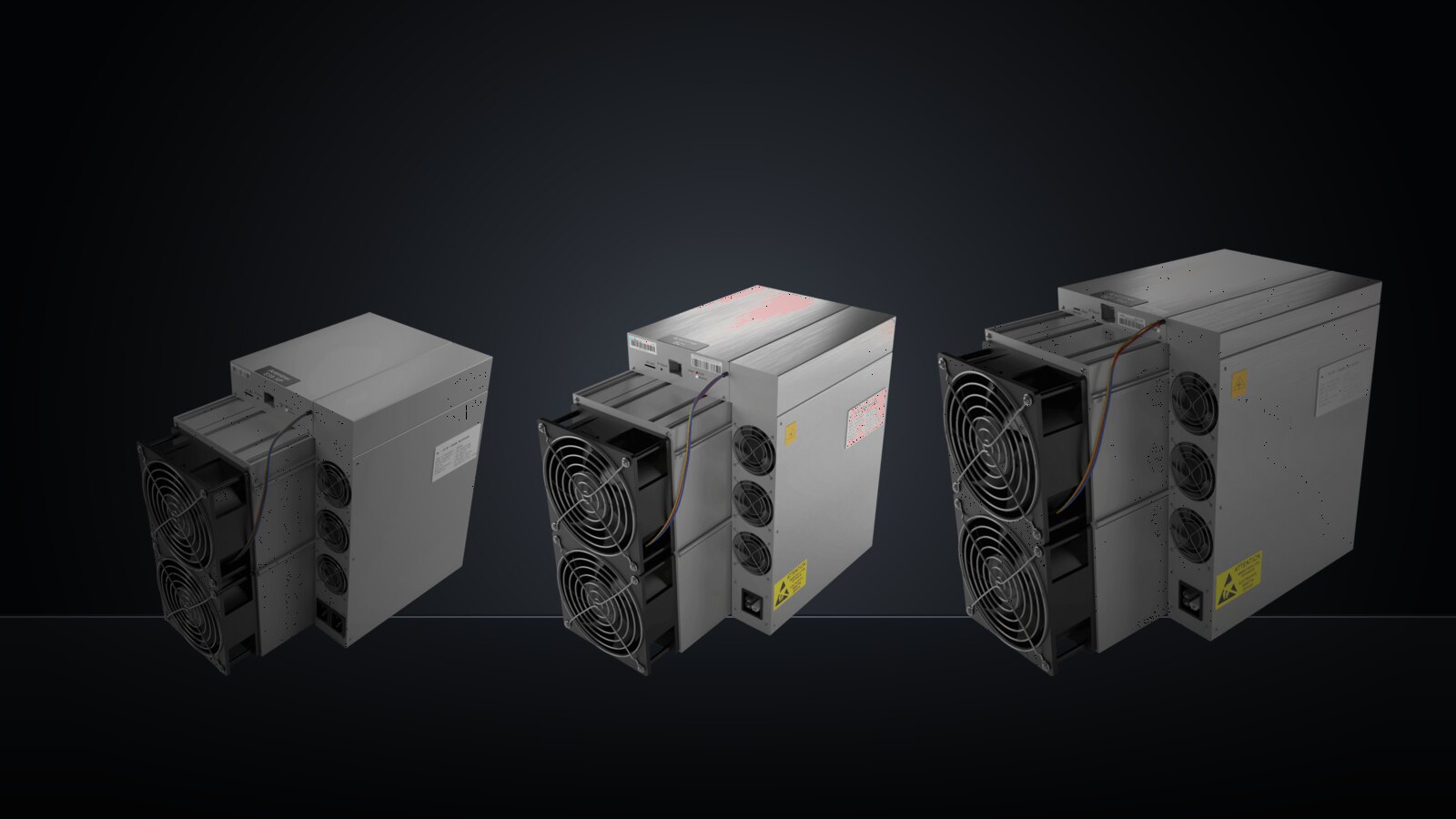 Una Antminer S19 XP, una S21 y una S23 una al lado de la otra, de la más antigua a la más nueva