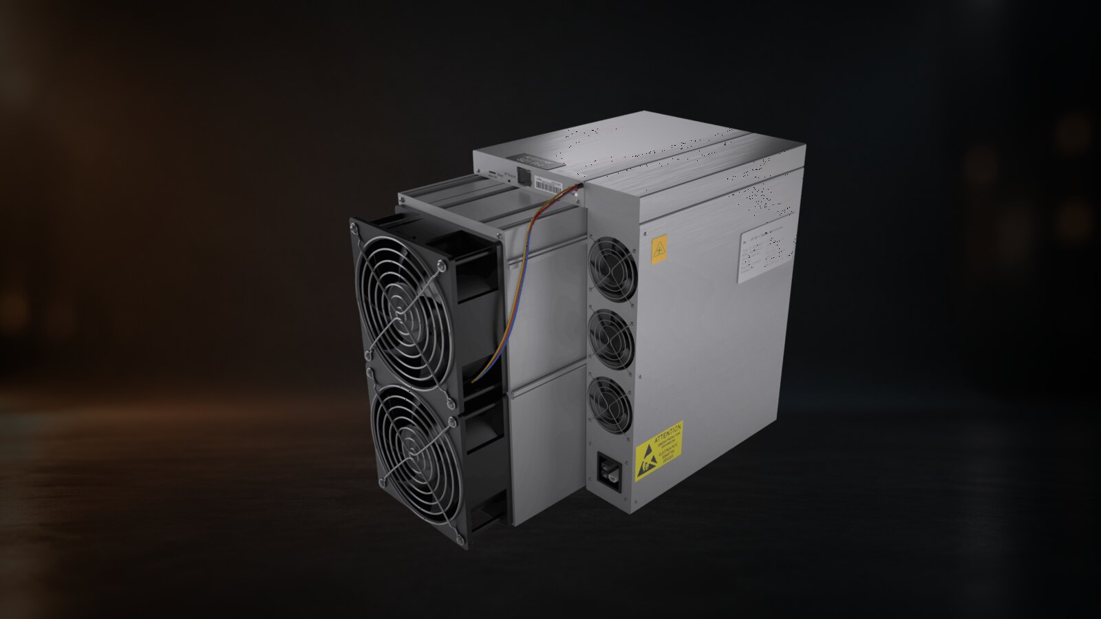 Una Antminer S23 frente a un fondo de estudio en tonos cálidos