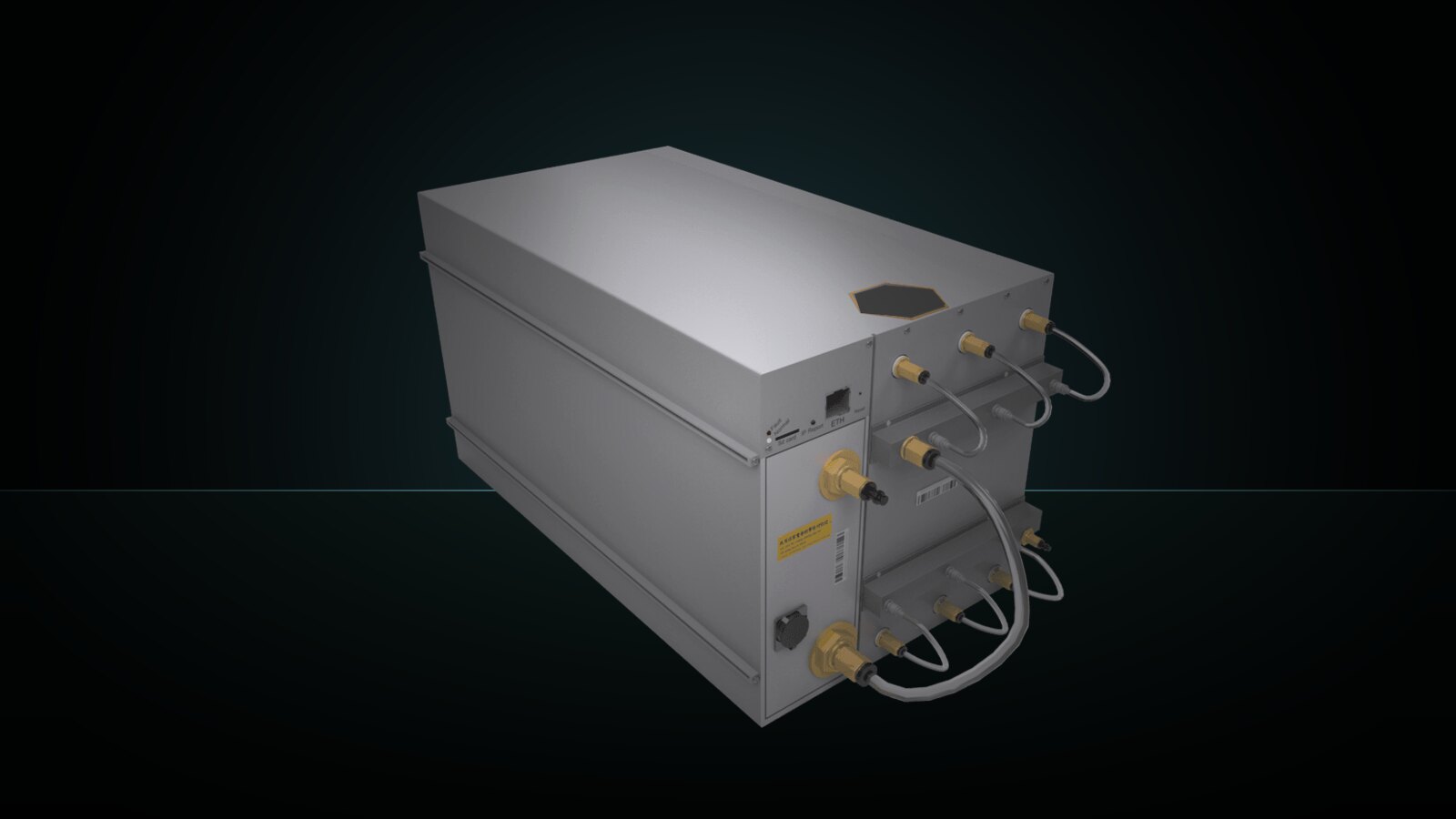 Una Antminer S23 Hyd fotografiada en una sala de máquinas de enfriamiento