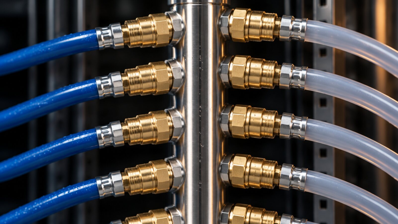 A stainless coolant manifold with a column of brass quick-disconnect couplings and supply and return hoses