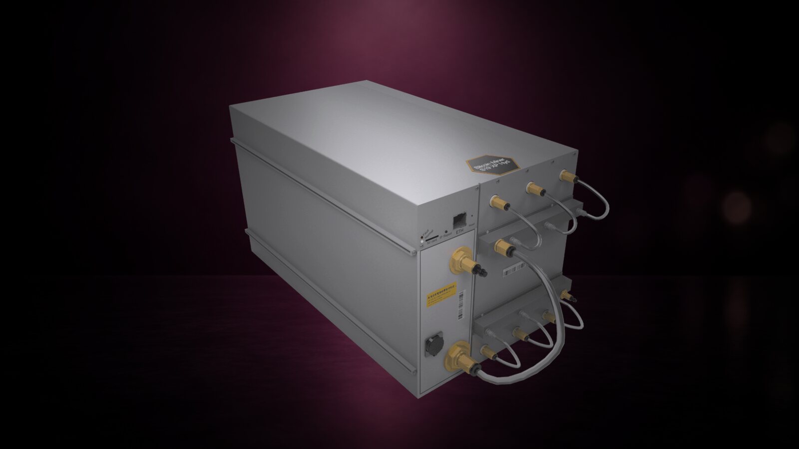 An Antminer S23 XP Hyd against a deep plum studio backdrop
