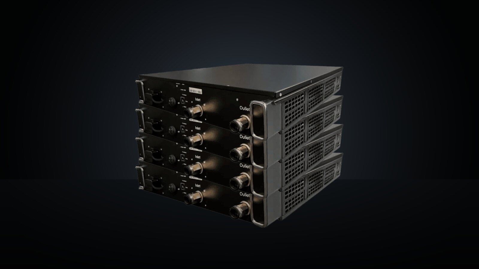 Four Antminer S23e Hyd 2U units stacked, coolant inlets and outlets on the front panels