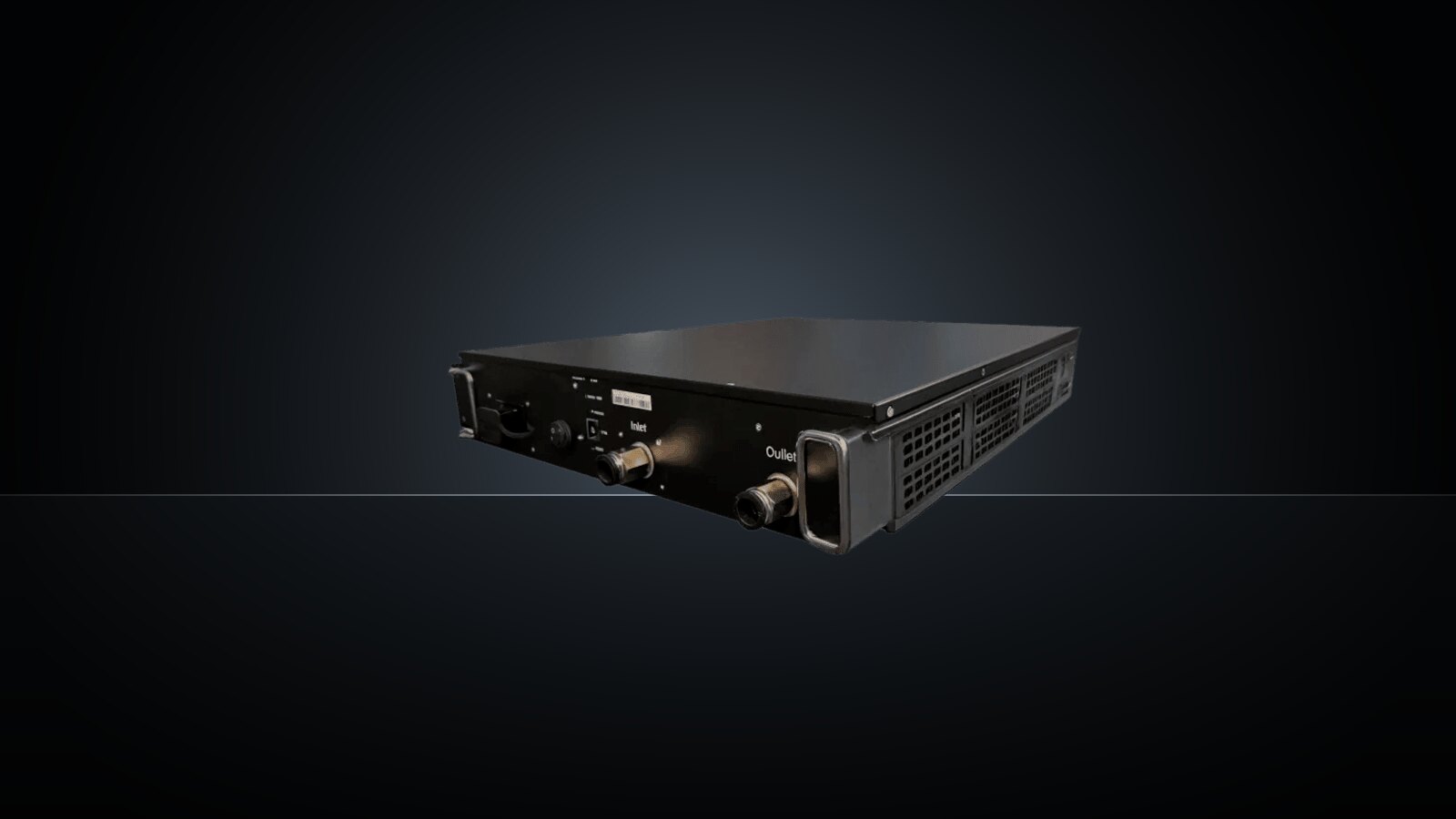 An Antminer S23e Hyd 2U against a dark studio backdrop