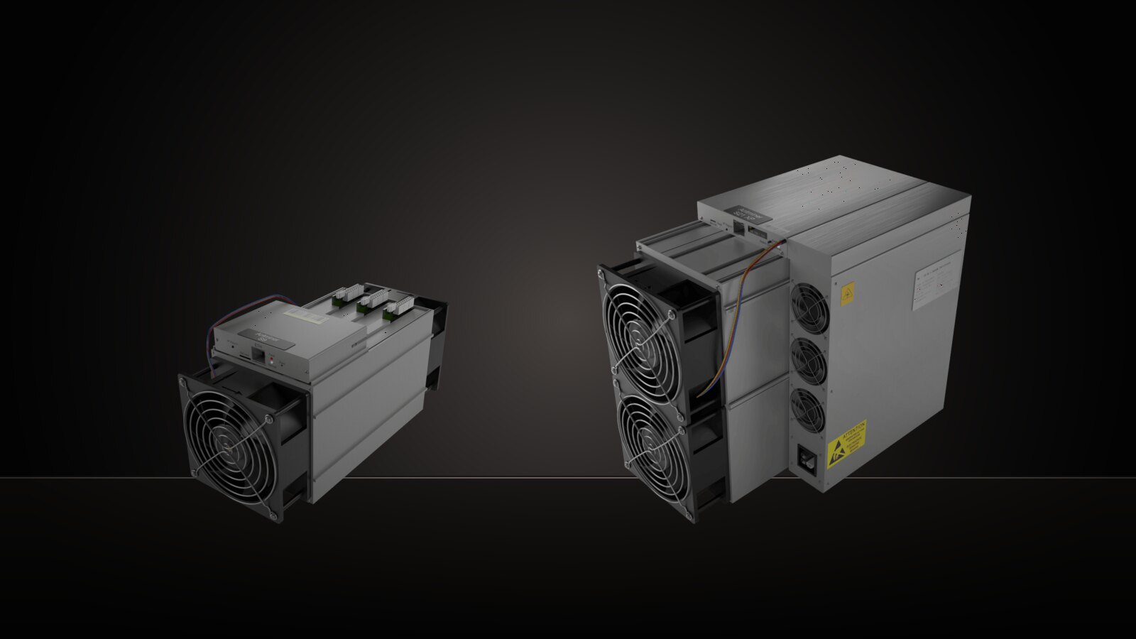 An Antminer S9 beside an Antminer S21 XP
